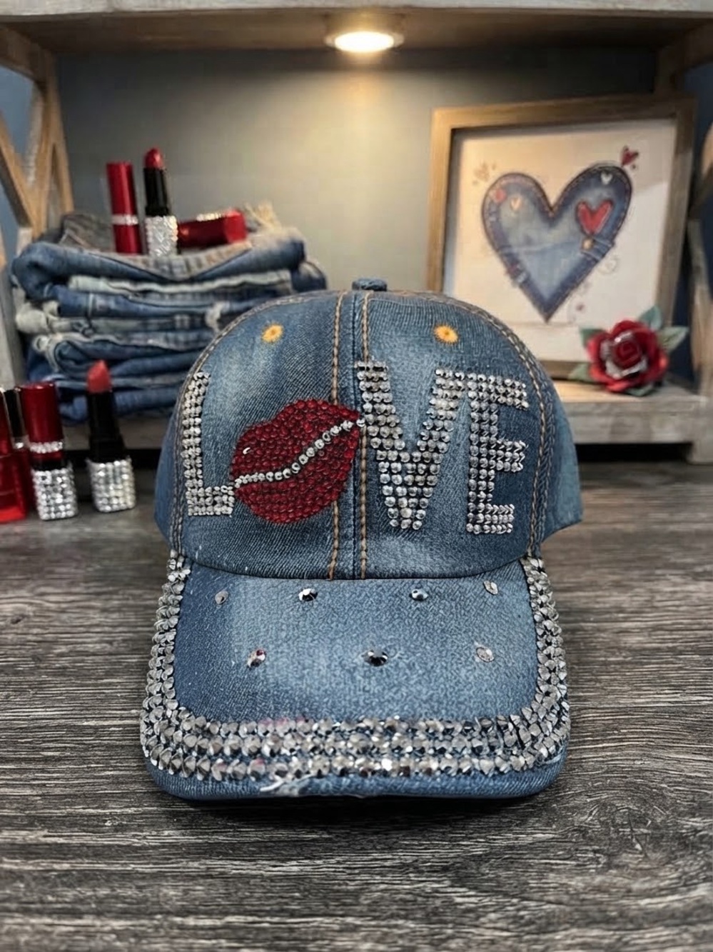 Rhinestone Denim 'LOVE' Cap with Red Lip Detail - Picture 1 of 9